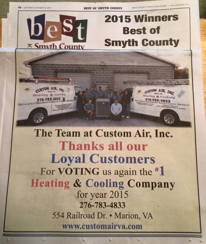 ONCE AGAIN CUSTOM AIR WAS VOTED #1 HEATING AND COOLING COMPANY FOR 2015